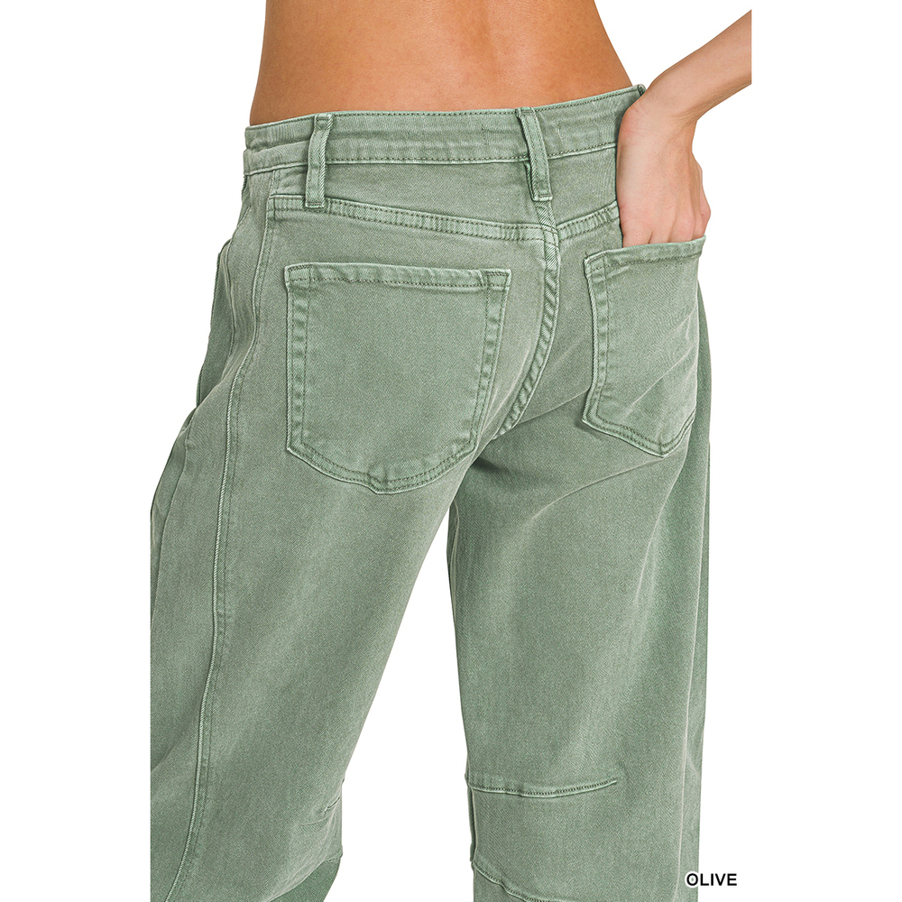 Z3 OLIVE Zenana Barrel-Leg Color Denim Pants Various Sizes - Picture 5 of 5